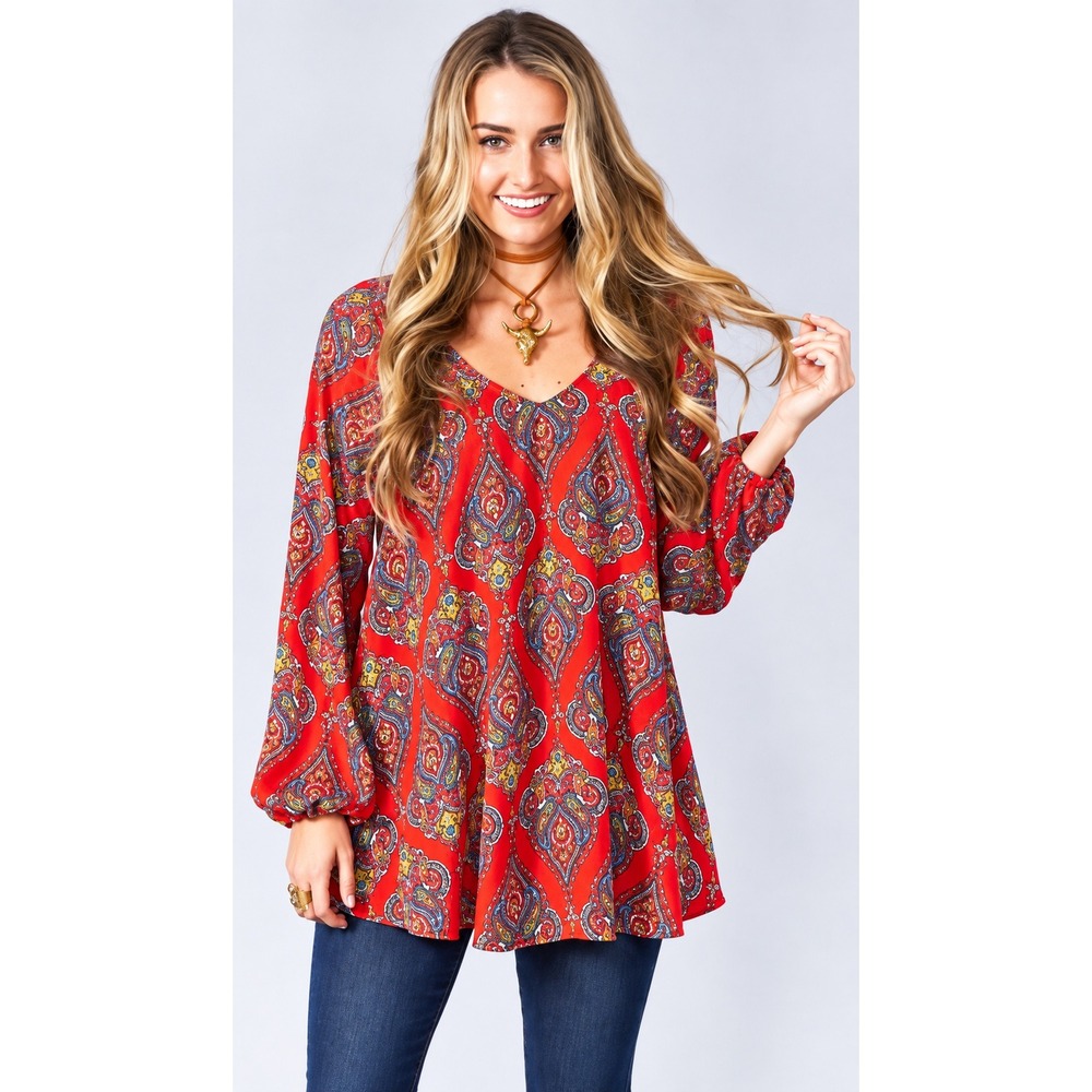 Show Me Your Mumu Donna Michelle Tunic Top Red Paisley V-Neck Long Sleeve XS